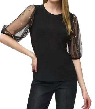 Joseph Ribkoff Silky Knit Top With Embellished Mesh Sleeves In Black
