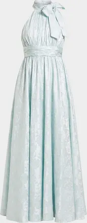 Mac Duggal Bow-Embellished Floral Brocade Halter Gown
