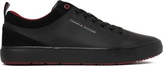Tommy Hilfiger Schoenen, Heren, Zwart, 42 EU, Leer, Zwarte Vulcanized Sneakers, Logo Print Zijkant