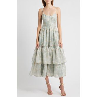 Lulus Dylan Tie Back Tiered Midi Dress in Sage Floral at Nordstrom Rack, Size X-Large