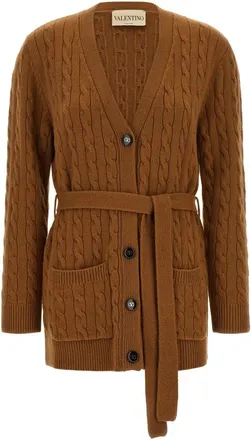Valentino Garavani Braided Cashmere Cardigan - female - Valentino Garavani - Cashmere Knitwear - Brown - M - Knitwear