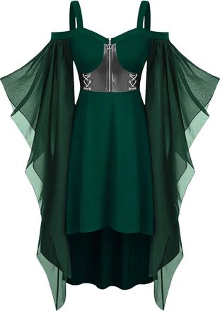 Generic Halloween Outfits Women Cold Shoulder Trumpet Sleeves Renaissance Steampunk Gothic Dresses Ladies Medieval Themed Party Dress Army Green Plus Size 14 