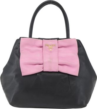Prada Bow Tote Leather Black Leather Handbag (Pre-Owned)