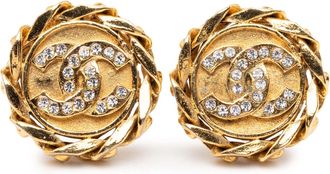 Chanel Tweedelig Cc Goud Vergulde Strass Ronde Clip On Oorbellen