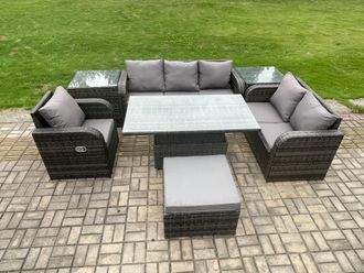 Fimous Outdoor Rattan Furniture Garden Dining Set Patio Height Adjustable Rising lifting Table Reclining Chair Sofa With 2 Side Tables in Dark Grey