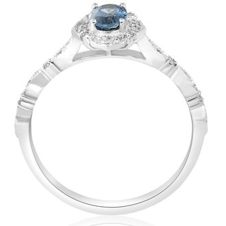 Pompeii3 3/4ct Oval Blue Sapphire Diamond Halo Vintage Engagement Ring 14K White Gold