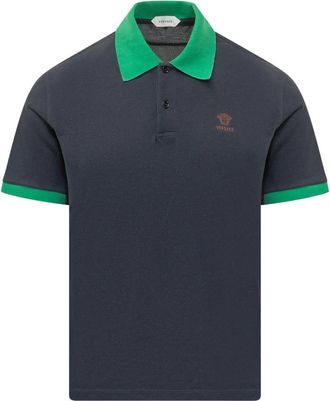 Versace Geborduurde katoenen piqu&eacute; polo - Heren - Polos - Blauw - M - Katoen - Tops