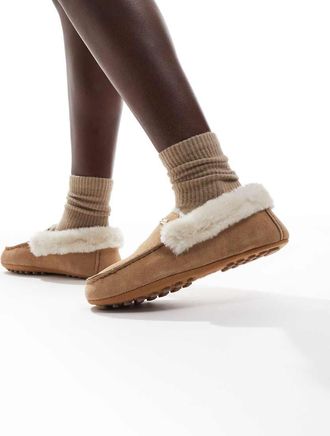 Hunter Pantofole stile mocassino color cuoio in pile borg-Neutro