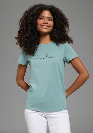 Laura Scott T-Shirt LAURA SCOTT, Damen, Gr. 32/34, mint, Single Jersey, Obermaterial: 95% Baumwolle, 5% Elasthan, bedruckt, Basic h&uuml;ftlang, Rundhals, Shirts T-Shi
