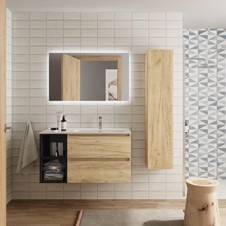 Cygnus Bath Salgar - Mueble Ba&ntilde;o Bequia 90 Cm Roble Y Coqueta Izquierda Negro Con Lavabo