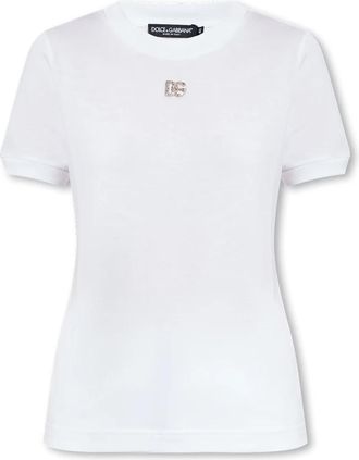 Dolce & Gabbana Katoenen T-shirt met Kristal logo - Dames - T-shirts - Wit - XS - Katoen - Tops