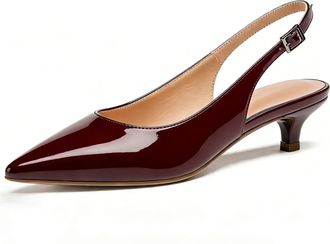 EDEFS Burgundy Patent Slingback Heels for Women 1.5 Inch Low Kitten Heel Pointed Toe Court Shoes for Work Office and Evening Wear UK2
