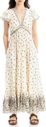 Max Studio Floral Flutter Sleeve Maxi Dress in Cream/Blue Bouquet at Nordstrom Rack, Size X-Small