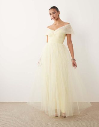 Lace & Beads Vestito lungo in tulle color limone chiaro con spalle scoperte-Giallo
