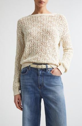 Eleventy Open Stitch Cotton Crewneck Sweater in 00 Ivory at Nordstrom, Size X-Large