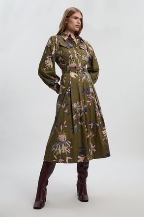 Karen Millen Floral Cotton Sateen Midi Shirt Dress in Khaki at Nordstrom, Size 10P