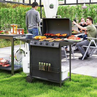 OUTSUNNY 5 Burner Gas Barbecue Grill Portable Gas BBQ Grill with Lid, Black