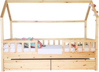Muemue Cama casita con barandilla + 2 cajones madera pino 90x190cm