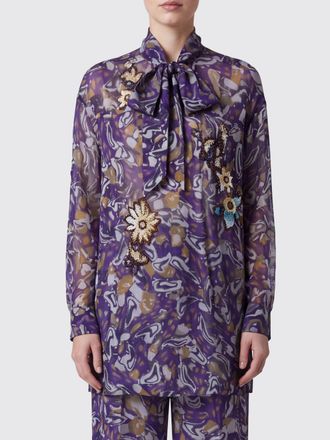 Dries Van Noten Blusa in viscosa con stampa astratta, collo a fusciacca e fiore applicato