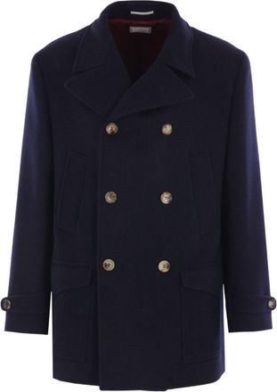 Brunello Cucinelli Navy Blue Wool Double-breasted Coat