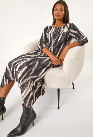 Roman Ribbon Print Hanky Hem Stretch Midi Dress