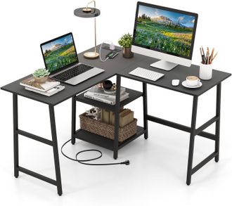 Costway Costway - Escritorio Esquinero 120 X 120cm, Tomas De Corriente Y Puertos Usb, Escritorio En L Con 2 Estanter&iacute;a, Estructura De Metal, Mesa Gaming L Ofi