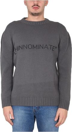 Hinnominate Trui met ronde hals en logo - Heren - Ronde hals truien - Grijs - M - Wol - Truien & Vesten