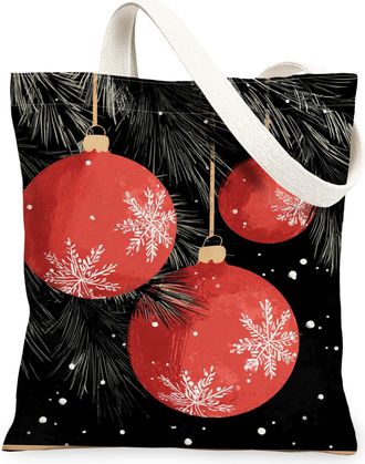 Generic Christmas Ornaments Canvas Tote, Festive Design Reusable Grocery Bag, Winter Vintage Lightweight Washable Shoulder Strap Bag for Travel Picnic 13x15 I