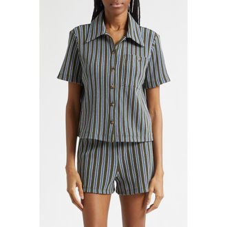 Veronica Beard Kyan Stripe Cotton Blend Knit Button-Up Shirt in Army Blue Multi at Nordstrom, Size X-Large