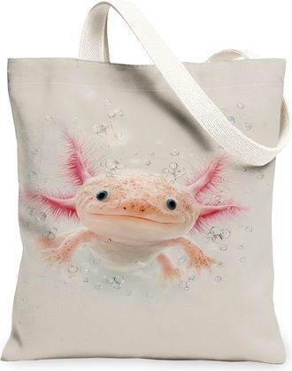 Generic Cute Axolotl Canvas Tote Bags, Colorful Aquatic Design Reusable Grocery Bags, Summer Lightweight Washable Shoulder Strap Fo, Beige, 13x15 Inch