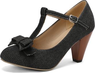 Generic Women Denim T Strap Pumps Round Toe Pointed Heel Bow Decor Adjustable Buckle Ankle Strap Non Slip Durable Comfortable Dress Party Shoes,Black,10.5 UK