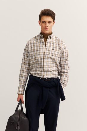 Bugatti Langarmhemd BUGATTI Modern Fit, Herren, Gr. 4XL, Normalgr&ouml;ssen, 40, beige, 100% Baumwolle, kariert, normal, eckige 2-Knopf-Manschette, Hemden Langarmh