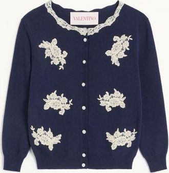 Valentino Cardigan Ricamato Con Inserti In Pizzo Donna BLU/AVORIO XXS