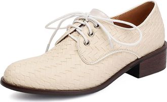 Generic Womens Low Block Heel Oxford & Derby Shoes Round Toe PU Leather Brogue Shoes Lace Up Casual Shoe,Beige,8.5 UK