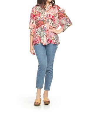 Papillon Collated Button Front Blouse In Pink Bold Floral