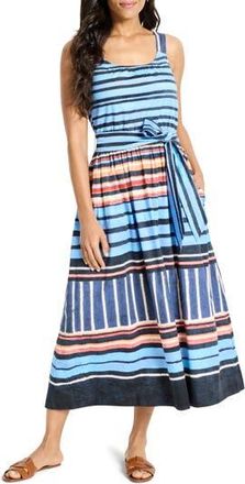 Nic+Zoe Sophie Painted Peninsula Mixed Stripe Stretch Cotton Midi Dress in Blue Multi at Nordstrom Rack, Size Xx-Large