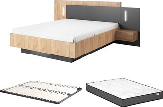 Vente-Unique Cama con mesitas de noche 140 x 190 cm - 2 cajones - Con LEDs - Color: Natural y antracita + Somier + Colch&oacute;n - FRANCOLI