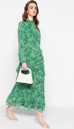 Trendyol Modest Dames Kaki Bloemen Maxi Lang Stijlvol/Avond Skater Modest Jurken
