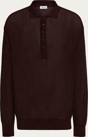Ferragamo Men Long sleeve knitted silk polo shirt Brown