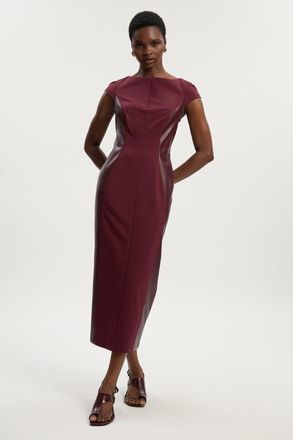 Karen Millen Womens Ponte And Pu Mix Short Sleeve Tailored Pencil Midi Dress - Burgundy viscose - Size 10 UK