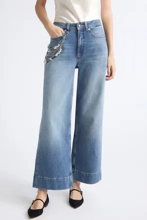 Cinq &agrave; Sept Betsy Pearl Chain High Waist Wide Leg Jeans in Amberstone at Nordstrom, Size 12