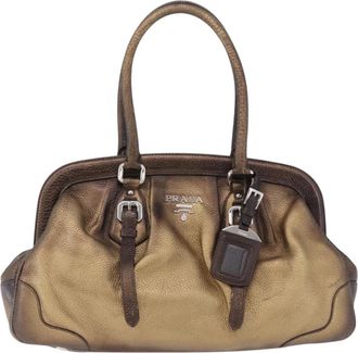 Bottega Veneta Belted Frame Satchel Pleated Intrecciato Nappa Gold Leather Handbag (Pre-Owned)