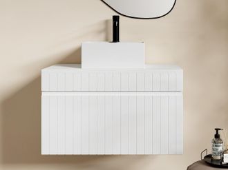 Vente-Unique Mobile per bagno sospeso scanalato e lavabo quadrato da appoggio 80 cm Bianco - SATARA