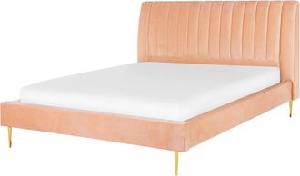 Beliani Beliani - Cama Con Somier De Terciopelo Rosa Melocot&oacute;n 160 X 200 Cm Reposacabezas Alto Vintage