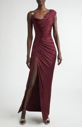 Versace Medusa 95 Draped Crepe & Jersey Gown in Burgundy at Nordstrom, Size 10 Us