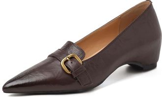 TinaCus Handmade Womens Genuine Leather Pointed Toe Decor Buckle Wedge Heel Office Dress Loafer Shoes, Brown, 4.5 UK