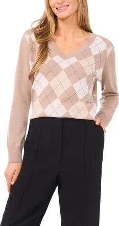 Halogen Argyle V-Neck Sweater in Simply Taupe at Nordstrom Rack, Size X-Small