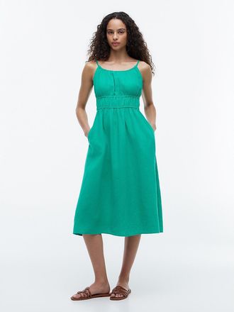 Tommy Hilfiger Womens Shirred Linen-Blend Midi Dress - Green - XXL