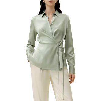 LilySilk Womens Convertible Silk Charmeuse Shirt in Pale Turquoise at Nordstrom, Size Small