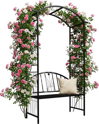 Relaxdays Relaxdays Arco Para Rosas, Metal, 210 X 134 X 48 Cm, Con Banco, Robusto Para Plantas Trepadoras, Negro